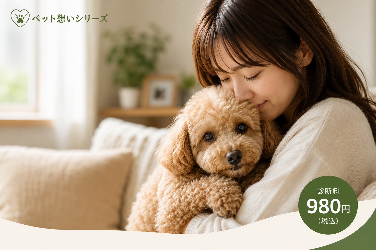 明るい部屋で犬をやさしく抱きしめる人